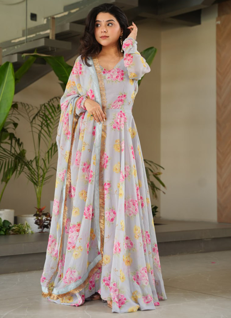 Multi Real Georgette Premium Festive Wear Readymade Gown With Dupatta With Embroidery Work